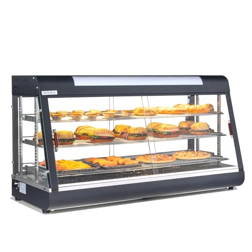 ROVSUN 48" Food Warmer Pizza Warmer Countertop, 3-Tier Food Warmer Display Pretzel Warmer w/LED Adjustable Removable Shelves Front & Rear Doors, Pastry Display Case for Buffet Restaurant, 1800W - color: Black, size: 48" Length