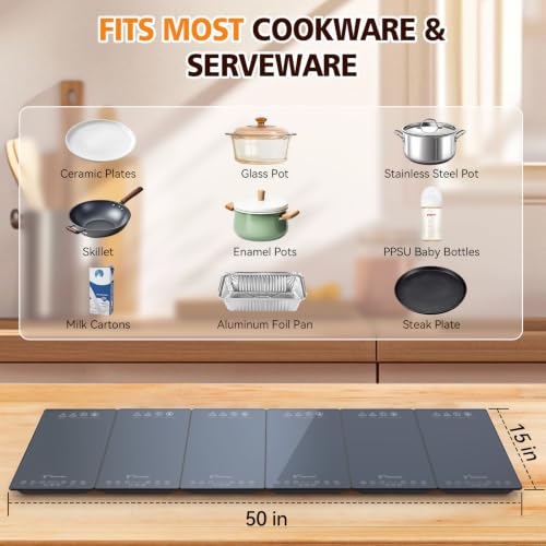 Warming Tray with Independent Temperature & Timer Control, 50" x 15" Electric Warming Tray for Buffets Party Food Warmer with 17 Heat Levels 12H Timer Child Lock for Family Dinners Catering - size: 6 Panels（50" x15"）