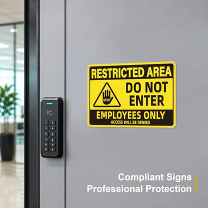 Employees Only Sign, Restricted Area Do Not Enter Metal Sign, Aluminum Warning Sign for Doors, Waterproof, Rustproof, UV Protected, High-Visibility Safety Sign, 10 x 7 Inch - color: YELLOW