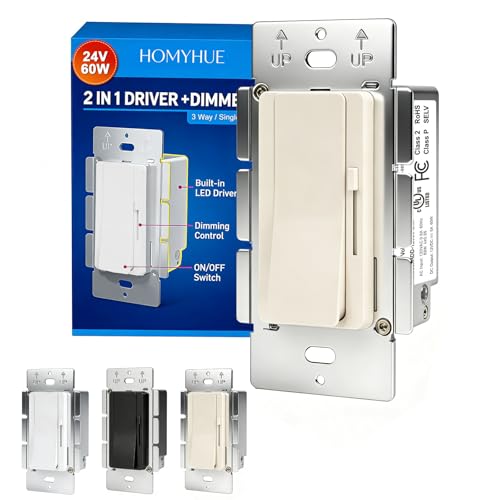 Dimmer Light Switch & 24V 60W Dimmable LED Driver 2 in 1, UL Listed Single-Pole or 3-Way Slide Dimmer Switches for Led Strip Lights,120VAC to 24VDC Power Supply, 1Pack (Light Almond, 24V 60W) - color: Light Almond, size: 24V 60W