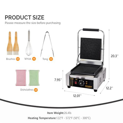 Bonnlo 811 Commercial Sandwich Make, 1800W Stainless Steel Countertop Panini Press Grill with Adjustable Temp 122°F–572°F, For Steak, Burgers, Home & Restaurant Use, 110V, Silver - size: 12"D x 12.2"W x 8"H