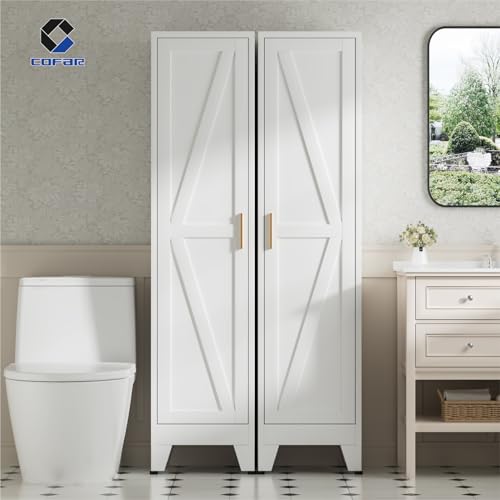COFaR 67'' Tall Narrow Bathroom Storage Cabinet, Metal Farmhouse Skinny Pantry Cabinet with 4 Adjustable Shelves and One Door, Slim Cabinet Storage for Kitchen Laundry Garage, 5-Tier White - color: White, size: 11.81''D × 15.75''W × 66.93''H-L04