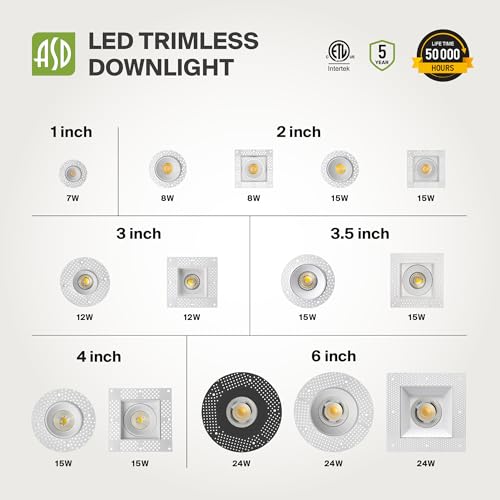 ASD 3 Inch Trimless LED Recessed Ceiling Light Fixture, Mud-in Canless Downlight with Junction Box, 5CCT Selectable 2700K-5000K, 15W 1243 Lumens, CRI90+, Anti-Glare, Dimmable, IC & Wet Rated, ETL - color: White 1 Pack, size: 3" 15 Watt