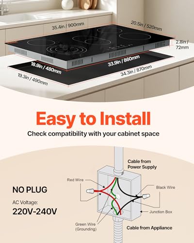 VEVOR Electric Cooktop, 36 inch 5 Burners Built-in Electric Stove Top, 8600W Ceramic Top Radiant Cooktop with Glass Panel, Touch Control, Timer, Child Lock, 9 Heat Level, 220-240V, Hard Wire (No Plug) - size: 36 IN-5 Burner+Touch Control