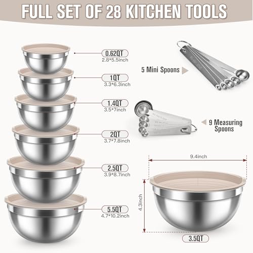 Stainless Steel Mixing Bowls with Lids, 7-Piece Nesting Bowl Set, 0.6–5.5 QT, Includes 14 Measuring Spoons for Baking, Cooking and Meal Prep, Khaki - size: 7+14 - Bowls & Spoons