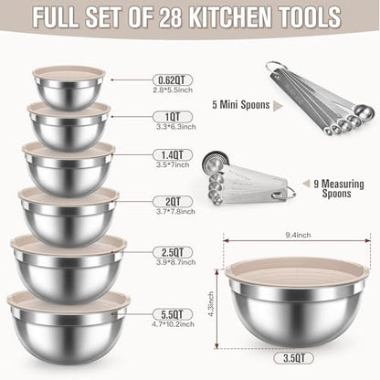 Stainless Steel Mixing Bowls with Lids, 7-Piece Nesting Bowl Set, 0.6–5.5 QT, Includes 14 Measuring Spoons for Baking, Cooking and Meal Prep, Khaki - size: 7+14 - Bowls & Spoons