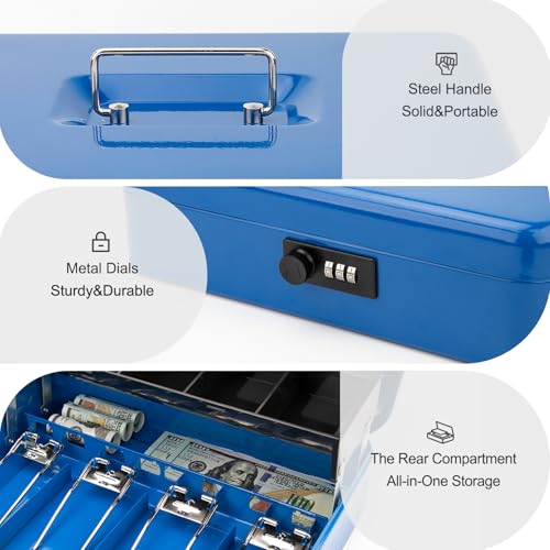 Jssmst Metal Cash Box with Money Tray and Lock, Portable Cash Drawer, 11.8" - color: Blue Code-A
