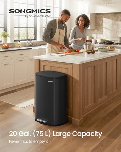 SONGMICS 20 Gallon (75 L) Trash Can, Stainless Steel, Step-On Pedal - color: Black, size: 20 Gal.