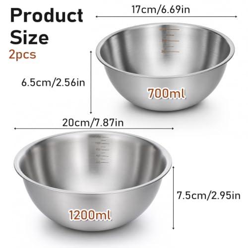 2Pcs Stainless Steel Mixing Bowls 6. 7" 7.8" Metal Bowl, Silver 700/1200ml