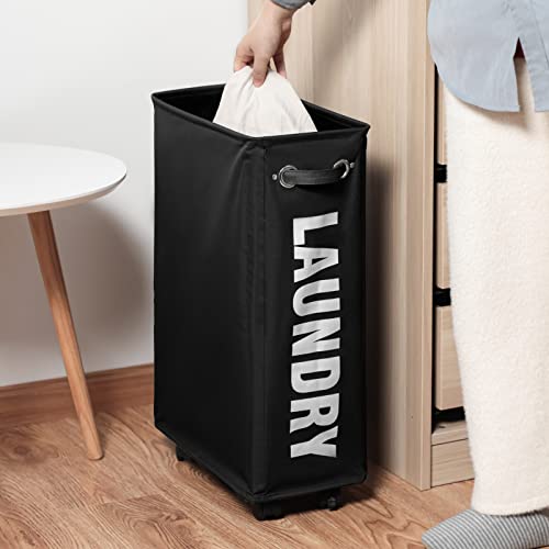 DOKEHOM 52L Slim Rolling Laundry Basket Hamper, Narrow on Wheels, Black - color: Black/M, size: 52L/Slim