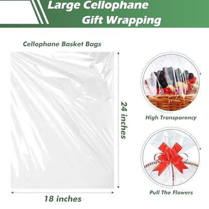 UltraOutlet 50 Packs Large Cellophane Bags 18" x 24" Clear Cellophane Gift Basket Wraps 2.3 Mil Thick Clear Cello Bags for Fruit Basket, Gift Wrap, Treats, Arts and Crafts, 50ct Red Ribbon Bows - color: Clear/Red, size: 1 Count (Pack of 50)