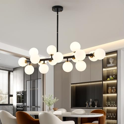 Black and Gold Chandelier Modern Rectangle Chandelier Glass Globe Pendant Light Fixture Adjustable for Dining Living Room Kitchen Island 16-Light - color: BlackGold-40in