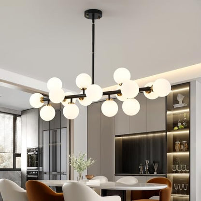 Black and Gold Chandelier Modern Rectangle Chandelier Glass Globe Pendant Light Fixture Adjustable for Dining Living Room Kitchen Island 16-Light - color: BlackGold-40in