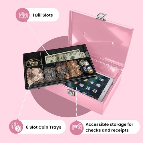 Flexzion Cash Box with Money Tray and Lock - Metal Money Box for Cash Storage with Secure Latch Lock & Key - Pink Petty Cash Box with 7 Compartment Money Tray for Small Businesses, 11x7.7x3.5 Inches - color: Pink
