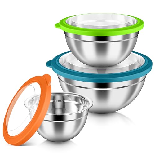 HaWare Mixing Bowls with Airtight Clear Lids, 6-Piece Stainless Steel Strong Nesting Bowls Set, Metal Salad Bowl for Cooking, Prepping, Baking, Serving & Food Storage, Size 4.6, 3, 1.5QT, Colorful - color: Colorful, size: Visible Airtight Lids