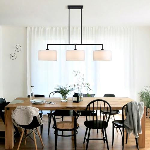 47" W Modern Linear Kitchen Island Pendant Light Fixture 3-Light White Linen Drum Shade Chandelier Black Metal Linear Chandeliers for Dining Room Farmhouse Hanging Light for Living Room, Bar, E26 - color: Black and White