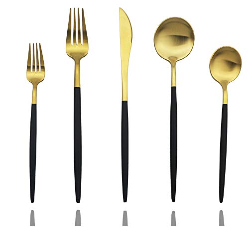 JASHII Luxury Black Gold Flatware, Silverware Sets, 20-piece Elegant Cute 18/10 Stainless Steel Silverware Set for Eating Home Kitchen Hotel Restaurant, Service Sets for 4 People, Dishwasher Safe - color: Black Handle Gold, size: Service for 4