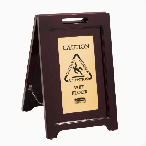 Rubbermaid Commercial Executive Series™ 22 Inch Wooden Multilingual "Caution" Safety Wet Floor Sign, 2-Sided, Gold