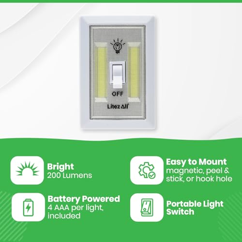 LitezAll COB LED Light Switch Night Light, 12-Pack 200 Lumen Wireless Battery Operated Wall Lights, Stick-On Switch Lights for Closets, Cabinets, Hallways, Garage, Gifts for Men – Batteries Included - style: 12-Pack