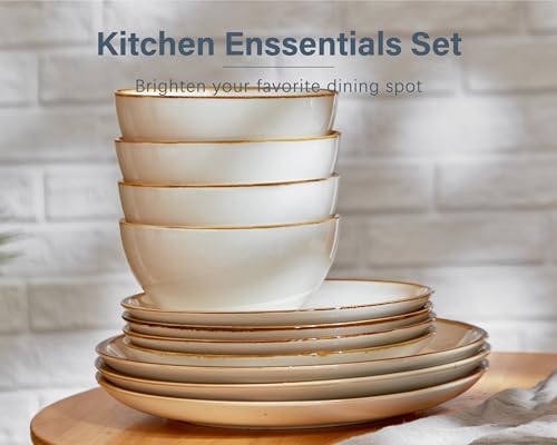 ONEMORE Plates and Bowls Set, Dinnerware Sets for 4, Porcelain Kitchen Dishes Set 12pcs, Scratch Resistant, Modern Aesthetic Dishware Sets- Microwave & Dishwasher Oven Safe,Farmhouse Style Cream White - color: Cream White