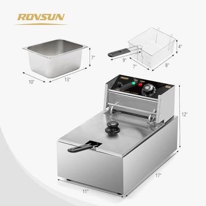 ROVSUN 11.4QT Electric Deep Fryer with Basket & Lid, 1700W Commercial Deep Fryer w/Adjustable Temperature Stainless Steel French Fryer for Home and Commercial Kitchens - size: 11.4QT