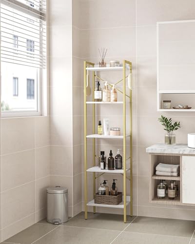 Hzuaneri Bookshelf, Book Shelf, Industrial Bookcase with 2 Hooks - color: White Gold, size: 9.4"D x 15.7"W x 63"H