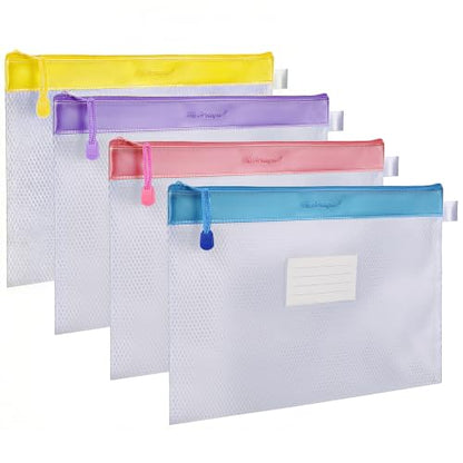 Wisdompro Zipper Pouch, 4 Pack Waterproof Mesh File Bag, Document Organizer - color: Blue/Purple/Yellow/Pink