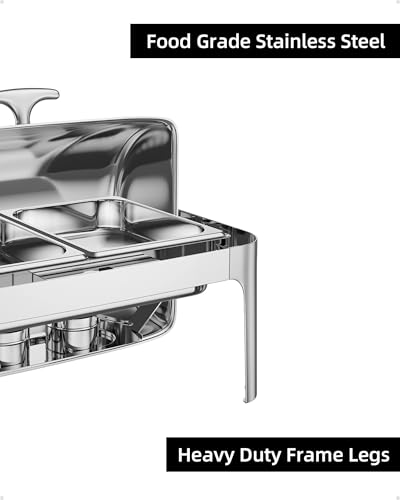 Roll Top Chafing Dish Buffet, 9QT Food-Grade Stainless Steel Commercial Chafer for Catering, Parties, and Weddings, 1 Full Sized Pan+2 Half Sized Pans - color: 9qt-silver Rectangular, size: 1 Full Sized Pan + 2 Half Sized Pans