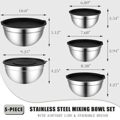 HOOTO Stainless Steel Mixing Bowls with Lids, 5 Pcs Mixing Bowls with Lids Set Included 3 Grater Attachments, Size 4.5, 4, 3.5, 2.1, 1.5QT Mixing Bowl Set for Baking and Serving (Black, 5 Pack)