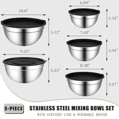 HOOTO Stainless Steel Mixing Bowls with Lids, 5 Pcs Mixing Bowls with Lids Set Included 3 Grater Attachments, Size 4.5, 4, 3.5, 2.1, 1.5QT Mixing Bowl Set for Baking and Serving (Black, 5 Pack)