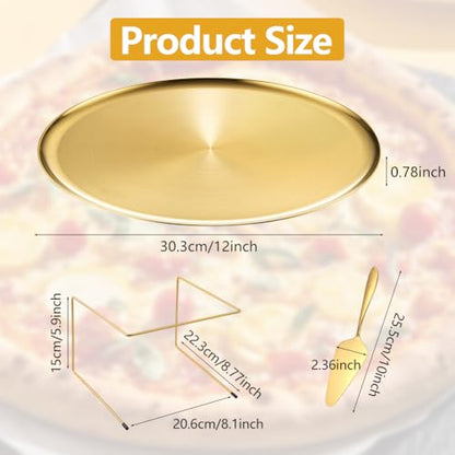GRETJOB 6 Pcs Pizza Pan Riser Stand Set, 2 Metal Pizza Table Stands + 2 Nonstick Pizza Pans + 2 Pie Servers, Gold Pizza Rack & Tray for Baking, Dessert, Cheese, Party, and Restaurant Use (Gold 2Pcs) - color: Gold 2Pcs
