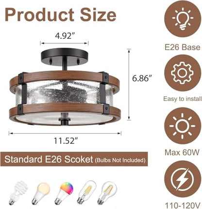 DEYNITE Farmhouse 2-Light Drum Ceiling Light Black and Amber, 11.52" W - size: 6.85" Height