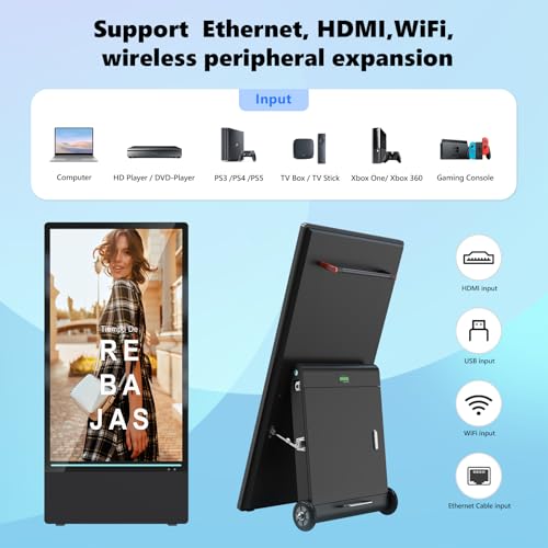 43 inch Outdoor Digital Signage Display, LCD 4K UHD 1800-Nit IP55 Waterproof Advertising Portable Kiosk with Rechargeable Battery, Auto Brightness, Split Screen USB/WiFi Playback Media Player - size: 43inch