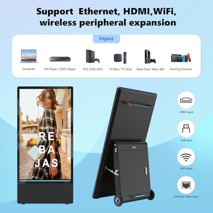 43 inch Outdoor Digital Signage Display, LCD 4K UHD 1800-Nit IP55 Waterproof Advertising Portable Kiosk with Rechargeable Battery, Auto Brightness, Split Screen USB/WiFi Playback Media Player - size: 43inch