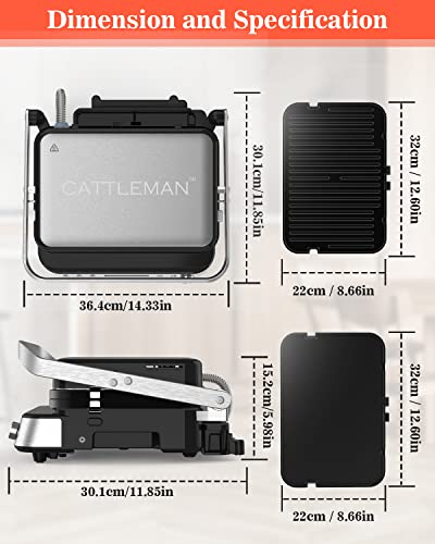 CATTLEMAN 5 in 1 Panini Press Grill with Removable Plates, 1600W - color: Silver with Reversible Plates