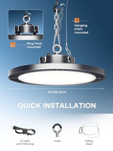 ELEKICO 200W UFO Led High Bay Light| 5000K 30000LM High Bay Led Shop Lights with 5ft Cable Hanging Hook Safe Rope| Shop Light & Garage Lighting Lights for Factory Workshop Warehouse Garage Barn - size: 200W-6-PACK