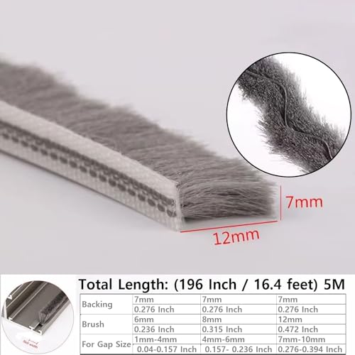 5m (16feet) Brush Weather Striping Card-Slot Seal Strip Pile Weatherstrip Door Sweep Brush for Door Window (7mm x 12mm (7/24" 1/2"), Gray) - size: 7mm x 12mm