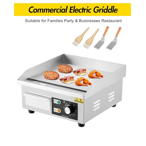 1500W Commercial Electric Griddle – Non-Stick Stainless Steel Flat Top Teppanyaki Grill with 122℉-572℉ Adjustable Temp, 2 Shovels & 2 Brushes for Home & Restaurant - size: 12x14