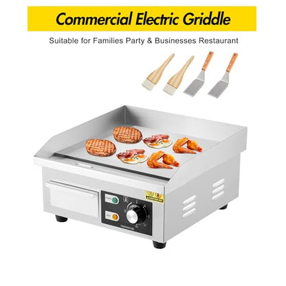 1500W Commercial Electric Griddle – Non-Stick Stainless Steel Flat Top Teppanyaki Grill with 122℉-572℉ Adjustable Temp, 2 Shovels & 2 Brushes for Home & Restaurant - size: 12x14