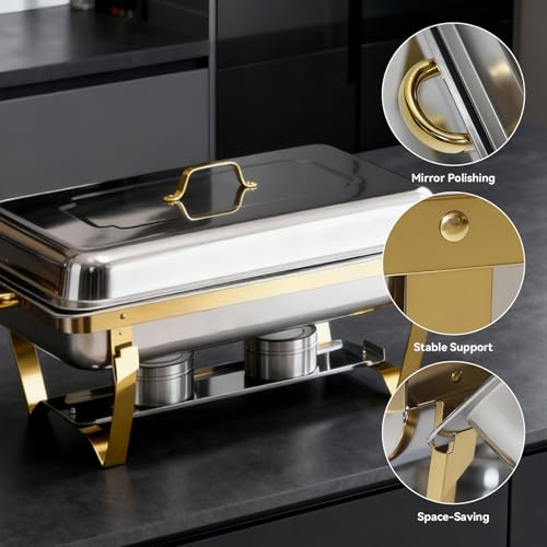 9Qt Chafing Dishes for Buffet, Gold Stainless Steel Chafing Dish Sets, Food Warmers for Parties, Buffet Servers and Warmers, Warming Trays for Buffets Party, Catering Supplies Buffet Display, 4 Pack - color: Gold-004
