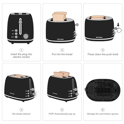 Roter Mond 2 Slice Toaster Retro Stainless Steel with Bagel, Cancel, and Defrost Functions, 6 Bread Shade Settings, Extra Wide Slots and Removable Crumb Tray, Black - color: Black