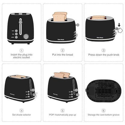 Roter Mond 2 Slice Toaster Retro Stainless Steel with Bagel, Cancel, and Defrost Functions, 6 Bread Shade Settings, Extra Wide Slots and Removable Crumb Tray, Black - color: Black