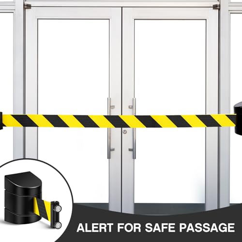 Landical 6 Pack 16.4 ft Magnetic Wall Mount Retractable Belt Magnetic Crowd Control Safety Retractable Wall Barrier with ABS Case, Safety Barrier for Grocery Retail Store (Yellow Black Rope) - color: Yellow Black Rope