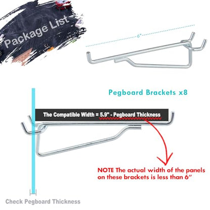 Pegboard Shelf Hooks 4 Pack Black 6" Metal Brackets, Peg Board Accessories - color: Silver, size: 6 Inch