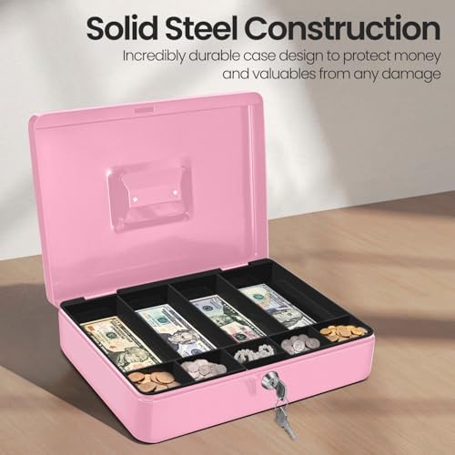 Flexzion Small Cash Box with Money Tray and Lock, 11.4-Inch, Pink - color: Pink