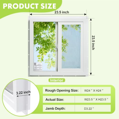 3.22" Thickness 23.5" x 23.5" Vinyl Sliding Basement Window,Low-E Glass with Argon Gas,Double-Pane Insulated Tempered Clear Glass,Half Screen Included,White - size: 23.5"x23.5"