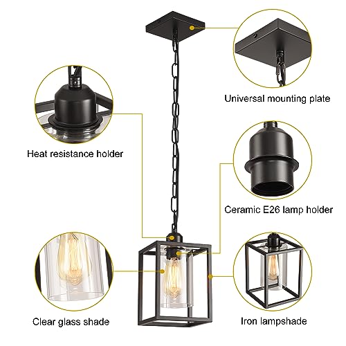 3 Pack Farmhouse Pendant Light,Black Metal Frame Hanging Light Fixture with Clear Glass Shade, Adjustable Chains Industrial Mini Pendant Lighting for Kitchen Island Entryway Porch Foyer - color: 3 Pendant light