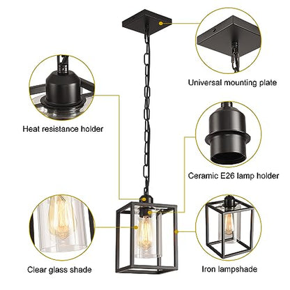 3 Pack Farmhouse Pendant Light,Black Metal Frame Hanging Light Fixture with Clear Glass Shade, Adjustable Chains Industrial Mini Pendant Lighting for Kitchen Island Entryway Porch Foyer - color: 3 Pendant light