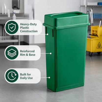 23 Gallon Slim Rectangular Commercial Trash Can, Heavy Duty Plastic Indoor Waste Bin for Kitchen, Office, Restaurant, School, Restroom & Janitorial Use (Dark Green, with Lid) - color: Dark Green