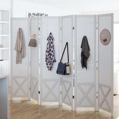 Giantex 6 Panel Pegboard Room Divider, 5.6FT Folding Privacy Screen with Peg Board Storage, Solid Wood Frame Freestanding Room Divider Wall, Foldable Pegboard Display Stand for Retail, Craft Shows - color: White Wood Grain, size: 6 Panel (96"W x 67"H)